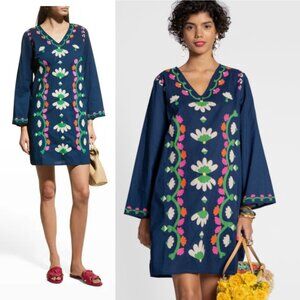 Frances Valentine Goldie Floral Applique V-Neck Tunic Dress Navy Art-to-Wear M